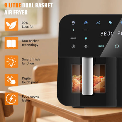 9L Dual Basket Digital Air Fryer – 2400W